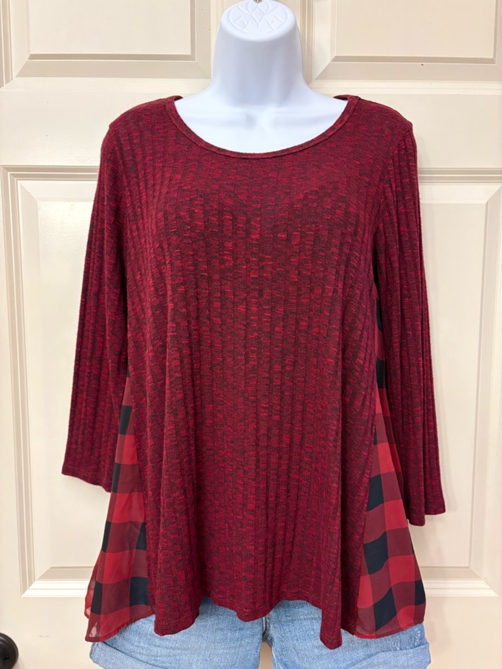 Signature Studio Burgundy Red Long-Sleeve Knit Top with Buffalo Plaid Insets